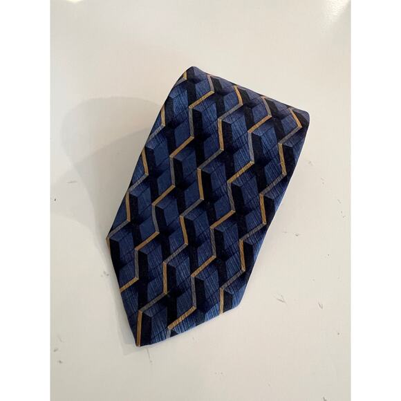 Milano Uomo 100% Imported Silk Men's Neck Tie Blue & Gold Geometric Print JL - Picture 1 of 8